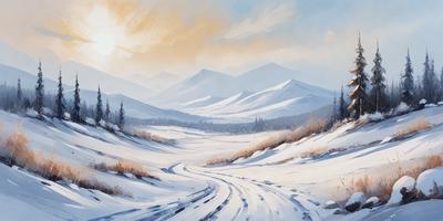 The primary subject of the image is a snowy mountain landscape. The setting is a snow-covered mountain range with a valley in the foreground. The visual style is a painting, which gives the scene a more artistic and dramatic appearance. The colors and mood of the image are predominantly white and cold, creating a serene and tranquil atmosphere.